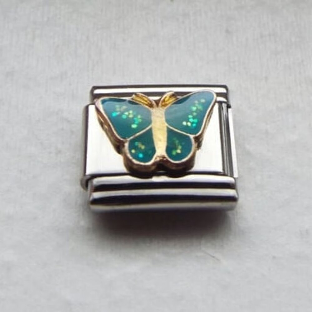 Sparkly Green enamel butterfly 9mm stainless steel Italian charm bracelet link